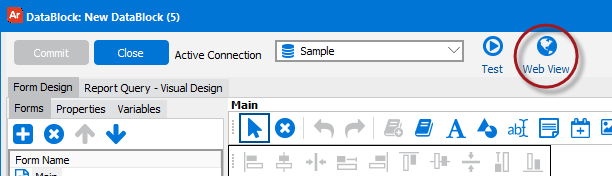 The web viewer button at the top of the toolbar on the datablock design window.